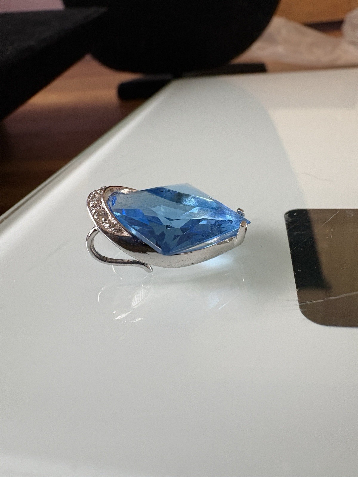 Sterling Silver Square Blue Topaz Diamond Pendant Enhancer 3 Grams