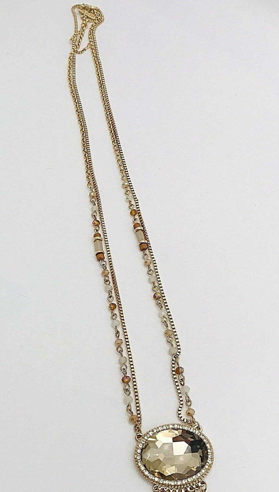 Natasha Fringe Long Necklace Amber Double Strand Color Goldtone Faceted Bead