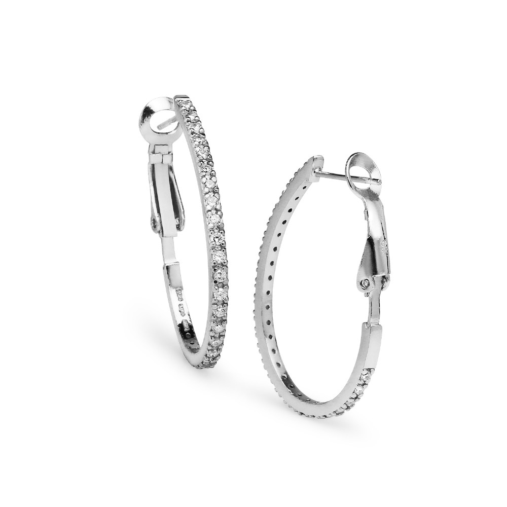Cubic Zirconia Clutchless Oval 33mm Hoop Earrings in Sterling Silver