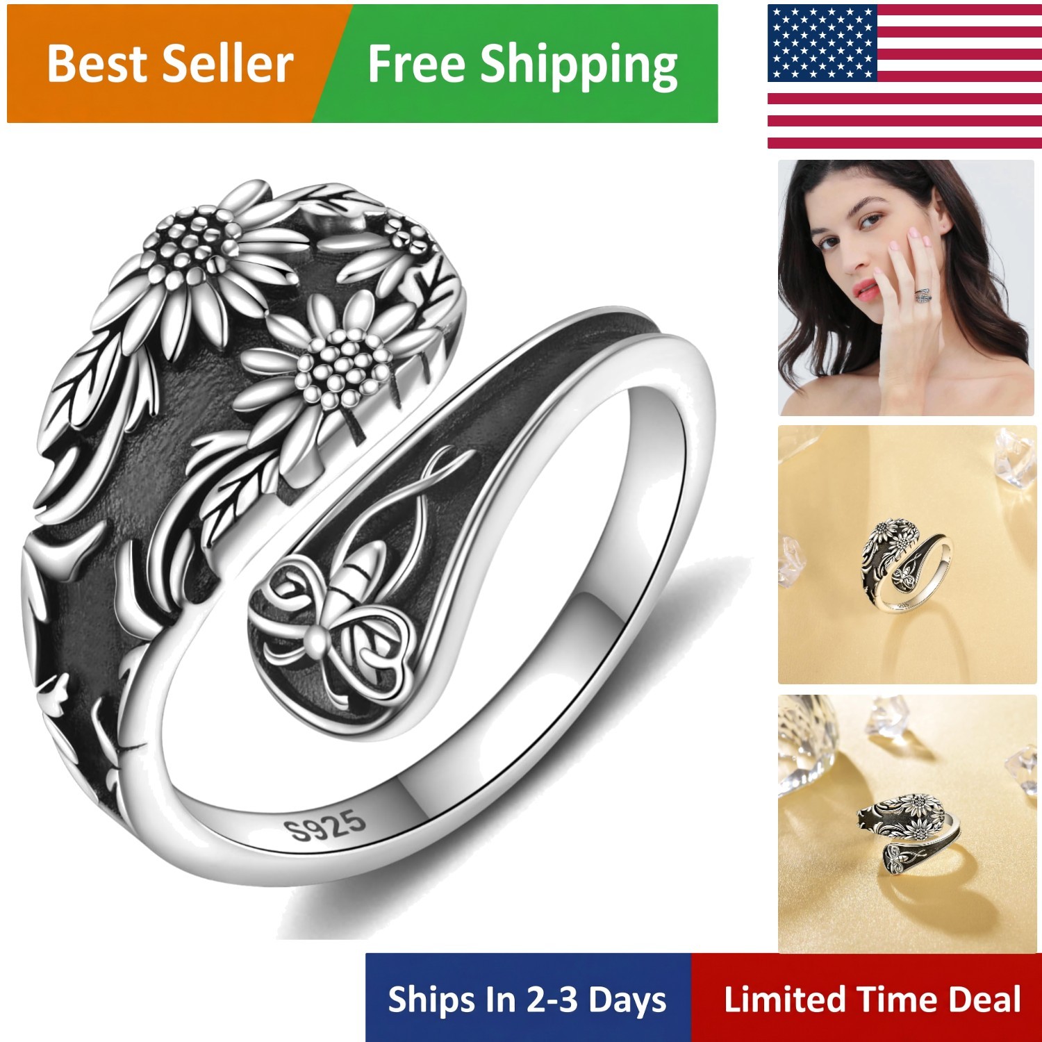 Boho Sunflower and Bee Spoon Ring – Hypoallergenic Adjustable Silver Jewelry