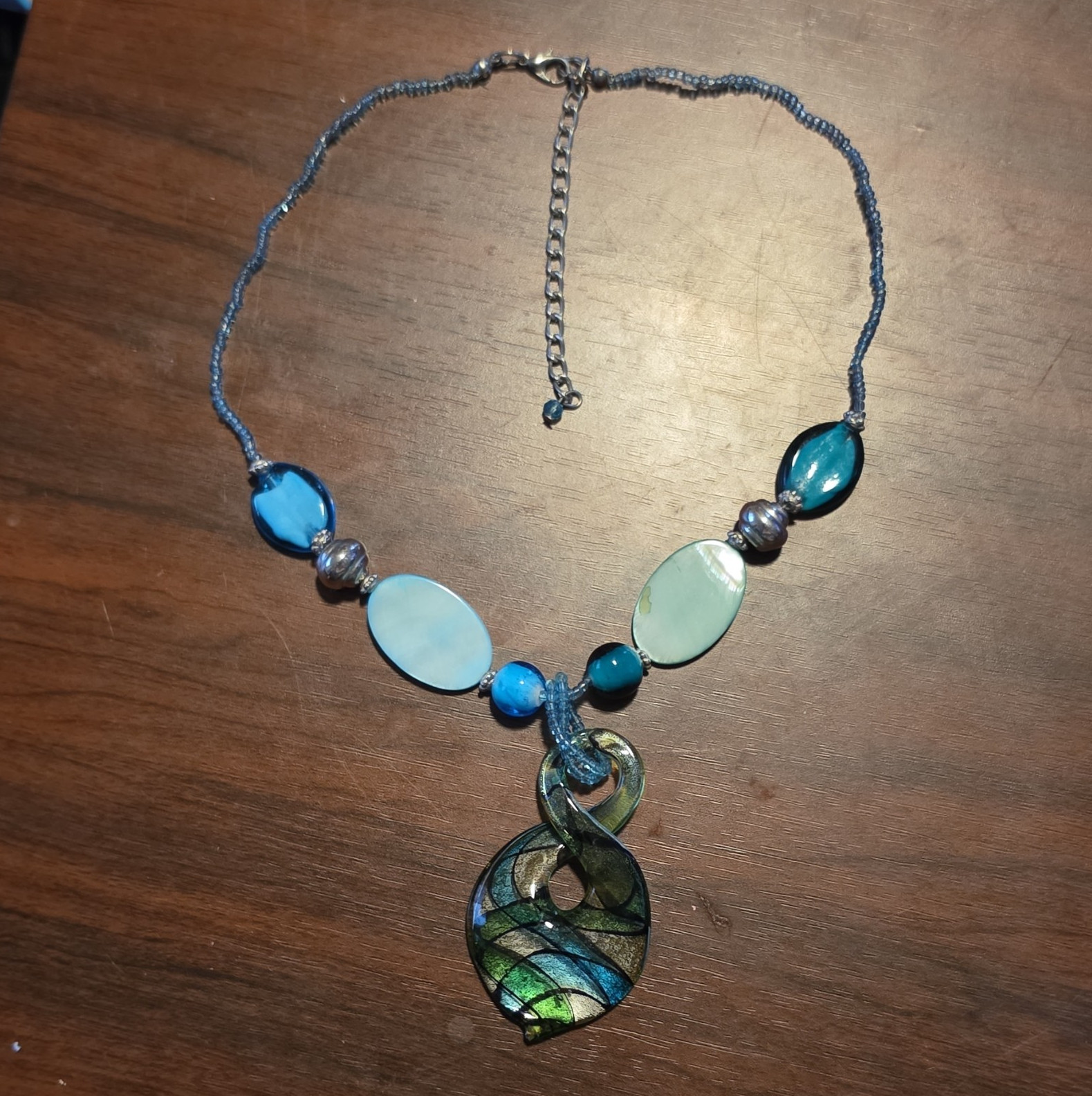 Blue Glass Shell Beaded Teardrop Charm Pendant Necklace Adjustable 16-20in