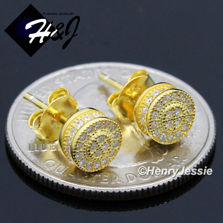 925 STERLING SILVER ICY CZ 6MM 3D GOLD PLATED ROUND PUSH BACK STUD EARRING*GE151