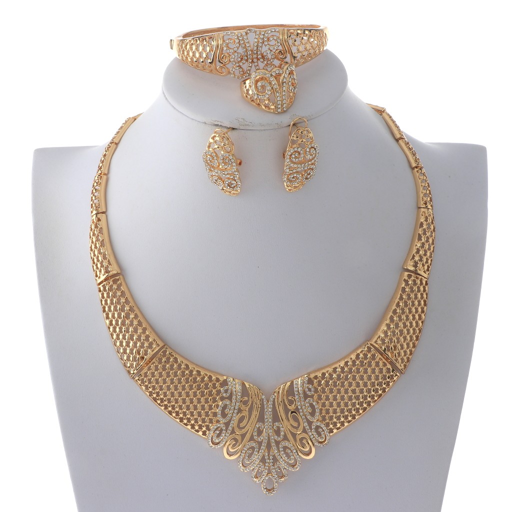Gold Tone Gold Plated Alloy Metal Rhinestone Necklace Bracelet Earring Set MN…