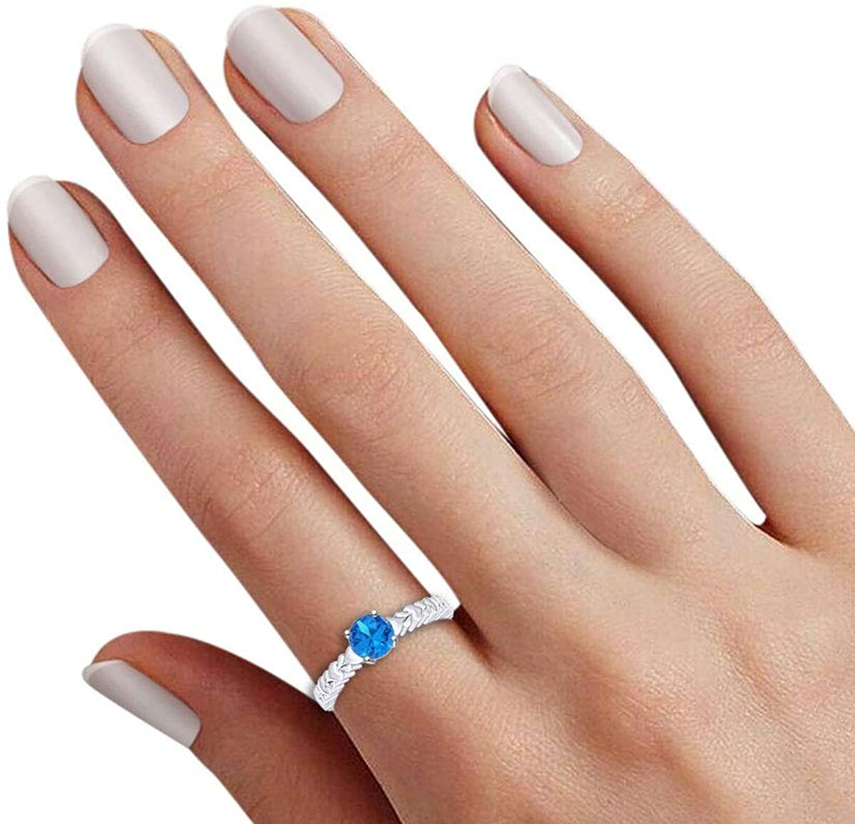 Simulated Blue Topaz Heart Carving Promise Ring 14k White Gold Plated Sterling