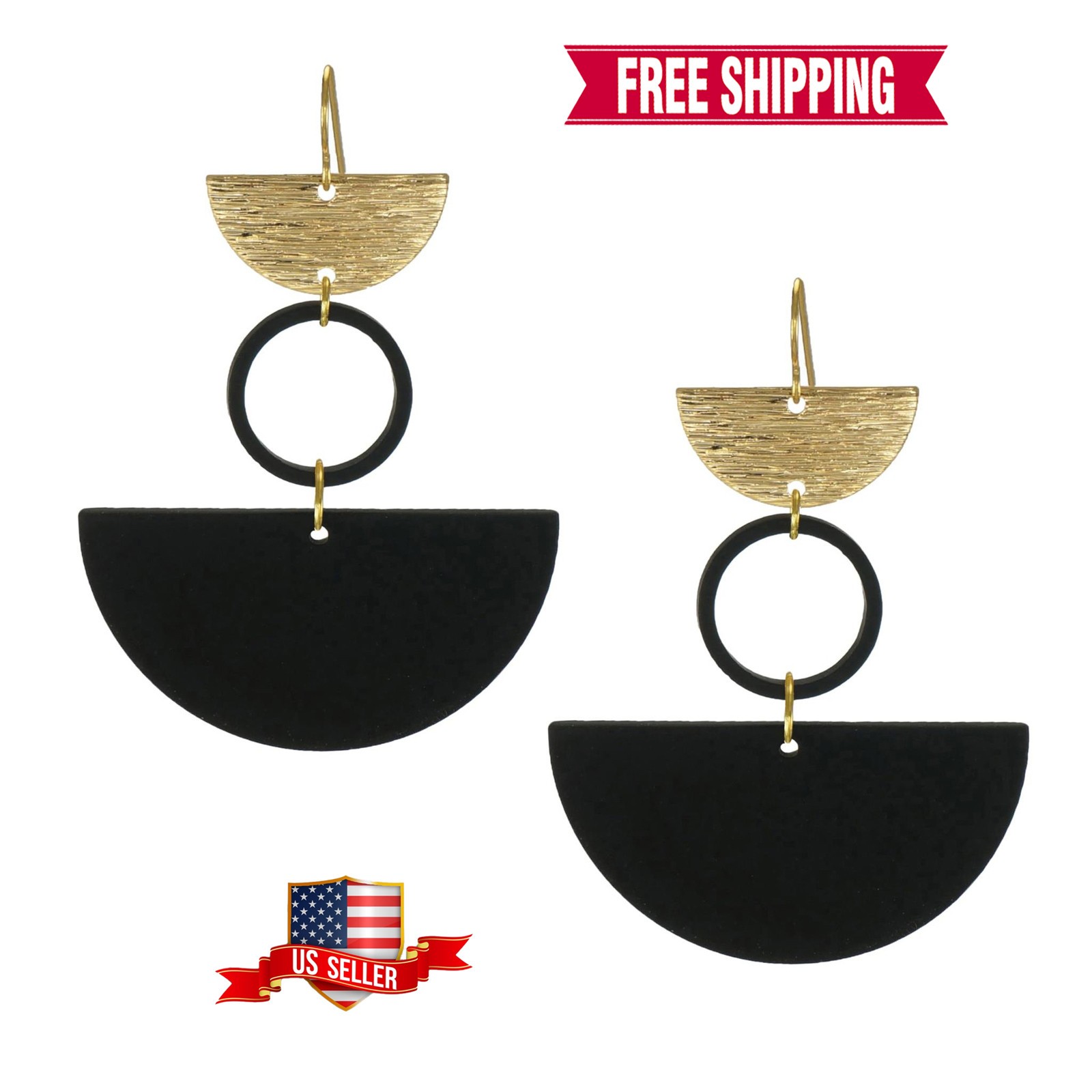 Beautiful Black and Gold Abstract Statement Earrings, 18K Gold Ear Wires