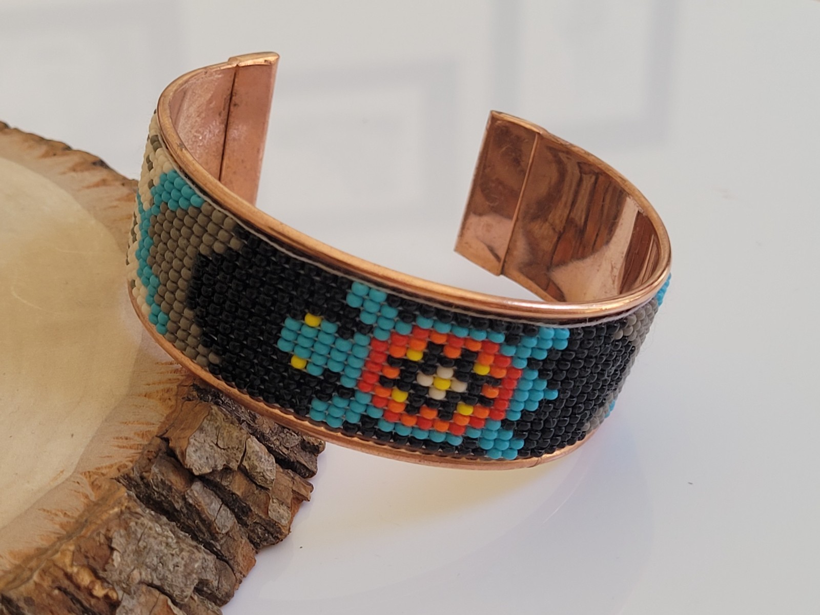 Native American Style Copper Seed Beaded Adjustable Bracelet Turtle Thunderbird