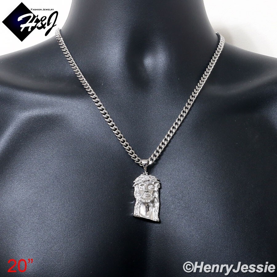 20″MEN Stainless Steel 5mm Silver Cuban Link Necklace ICY CZ Jesus Pendant*P133