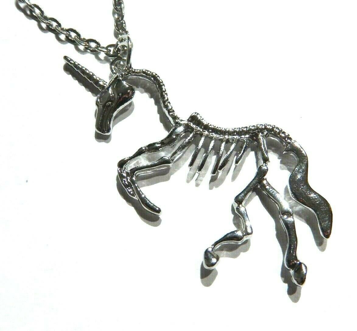 UNICORN SKELETON PENDANT NECKLACE silver-tone horse chain skull gothic punk P6