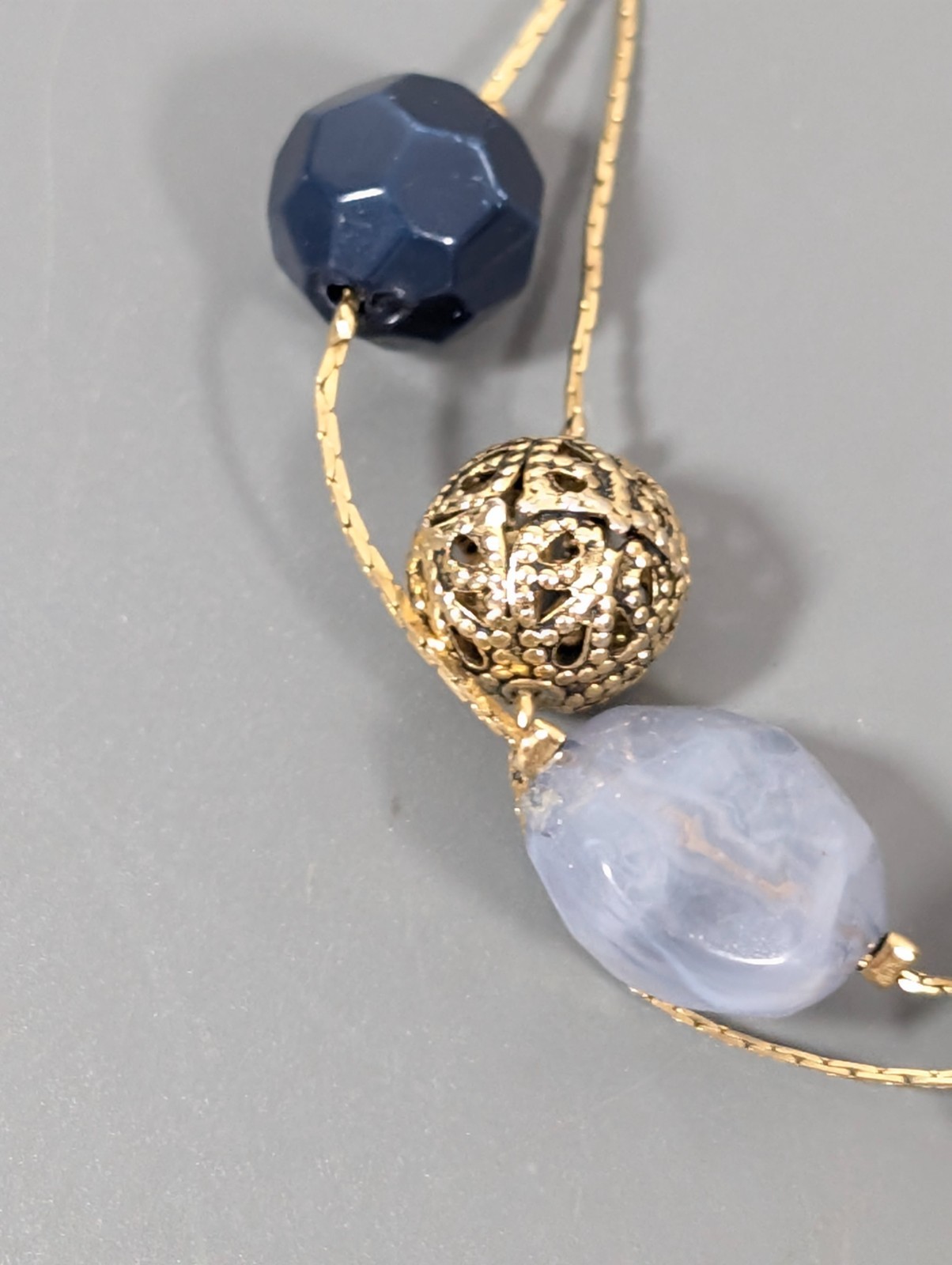 Coastal Chic Blue Gold Tone Filigree Ball Double Chain Bracelet 9 in