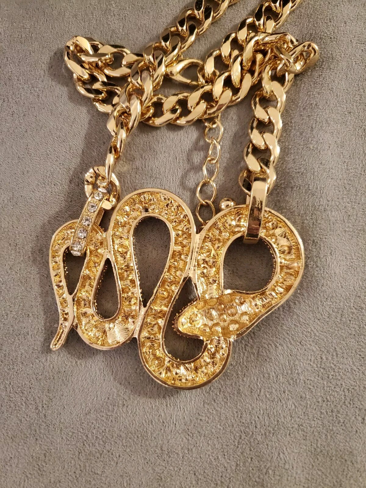 Huge Egyptian Revival Rhinestone Snake Necklace Gold Curb Chain Glossy