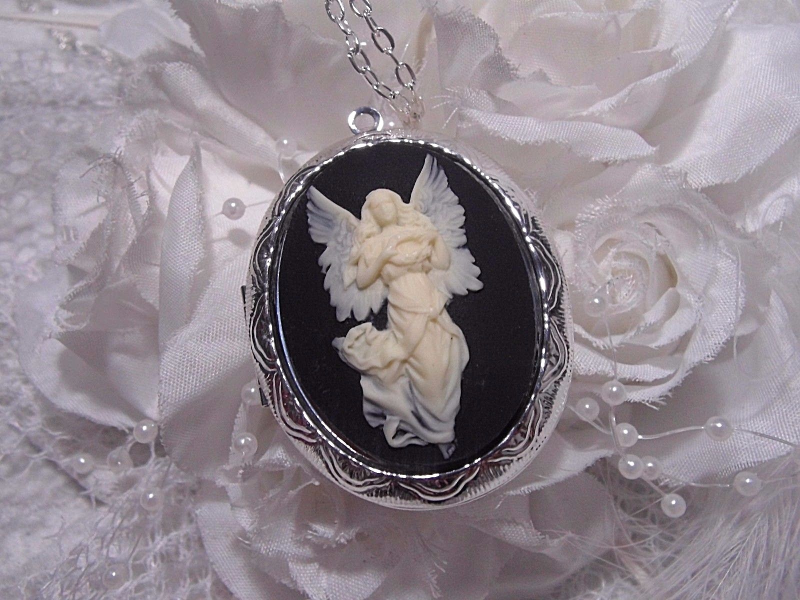 GUARDIAN ANGEL Cameo PHOTO SILVER Box Necklace Locket PILL BOX CHURCH KEEPSAKE