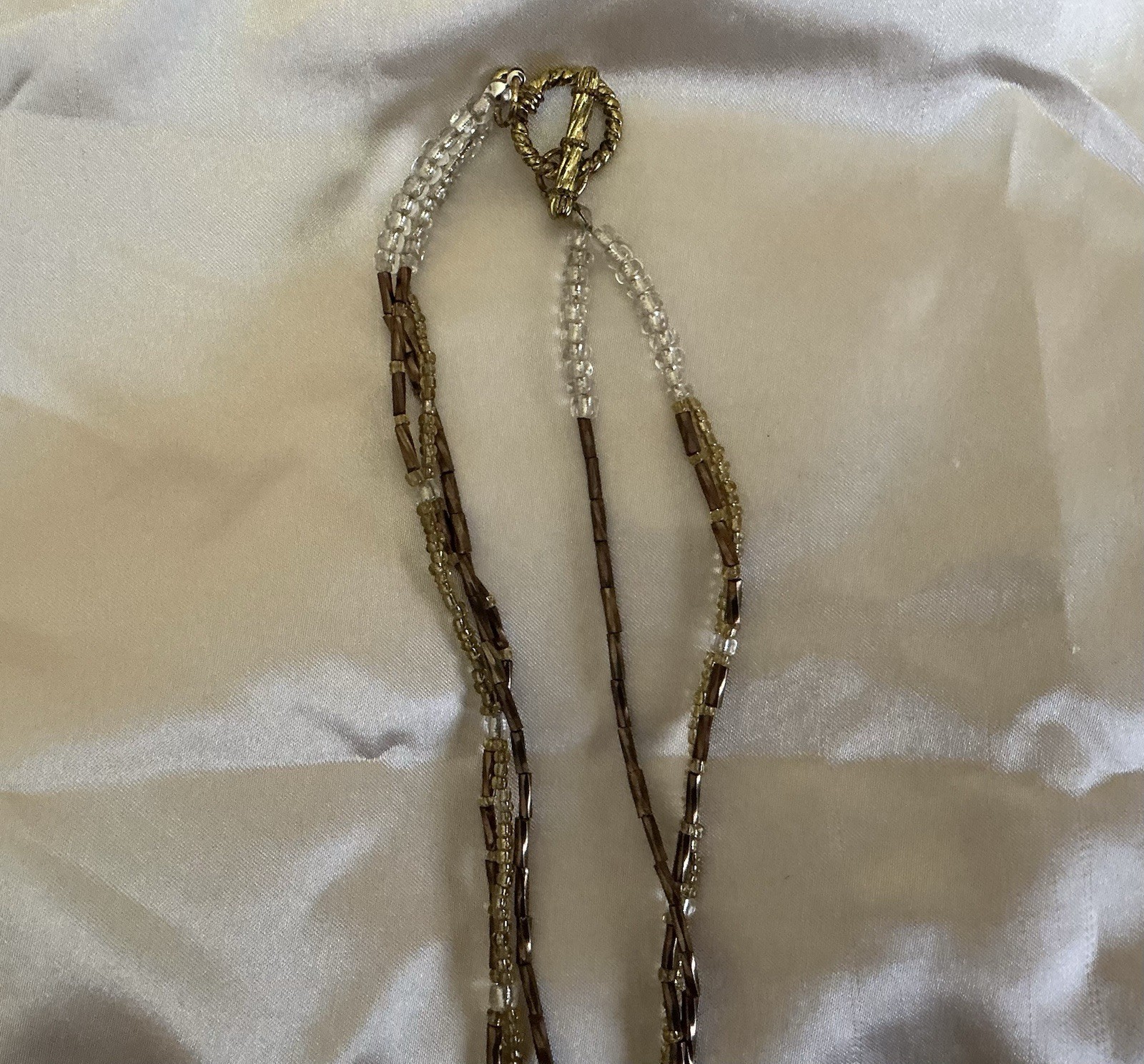 Gold Tone Beaded Necklace Cross Pendant Black Beads Clear Crystal Lobster