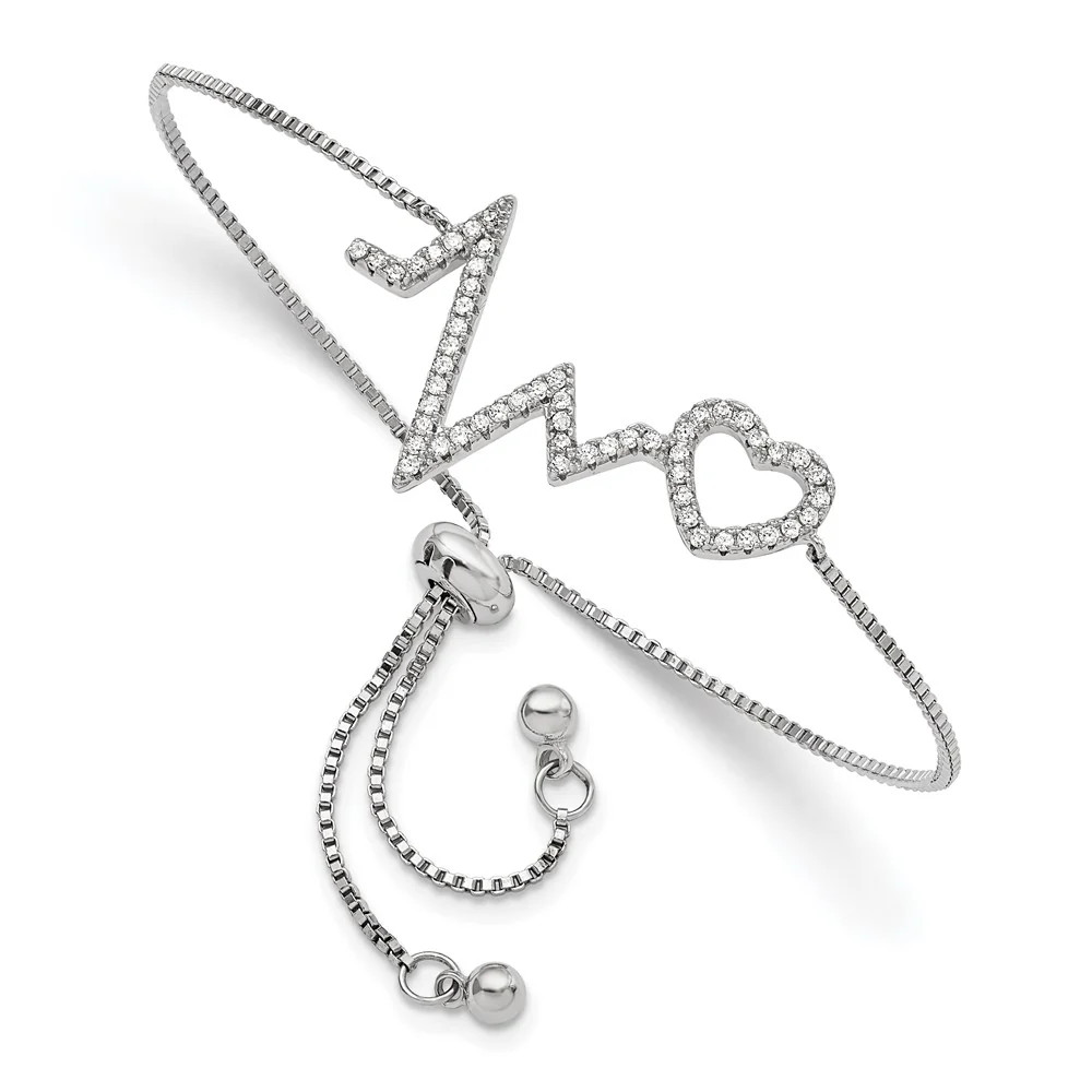 Sterling Silver Polished Rhodium Micro PavÃ© CZ Heartbeat Adj. Bracelet