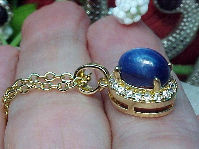 Blue Star Sapphire Pendant 8x6mm & White Topaz 925/Yellow Gold Plate w/ Chain