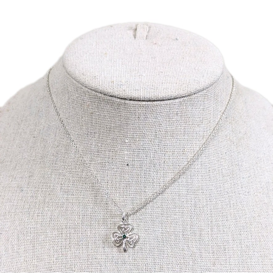 Celtic Knot Clover With Green Rhinestone Silver Toned Pendant Necklace
