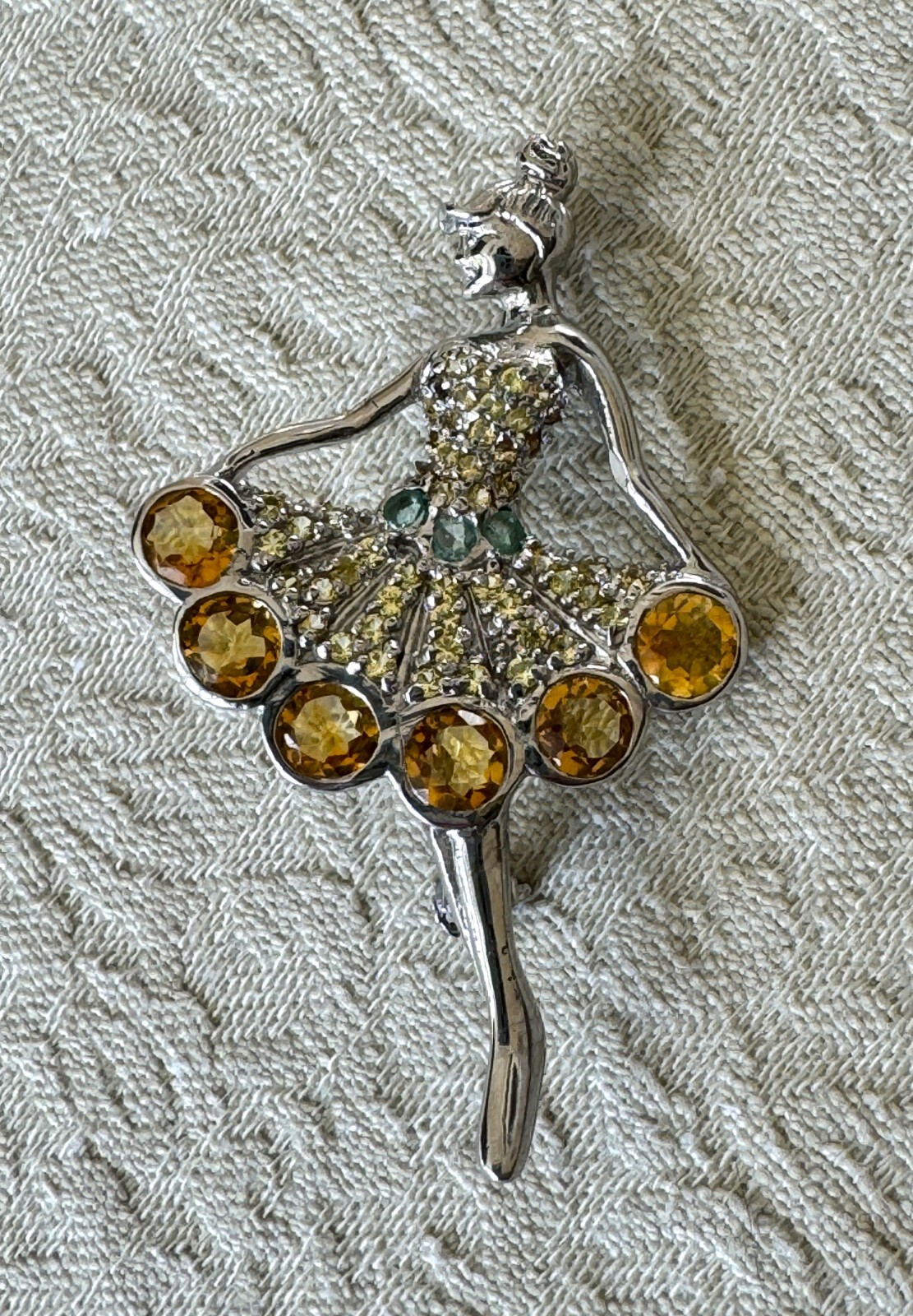 Art Sterling Silver Balerina Brooch, Round 6mm Cirtine 2mm Sapphire