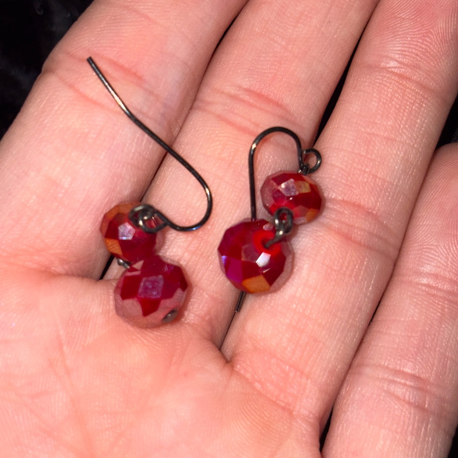 Dark Cherry Red Aurora Borealis Crystal Drop Earrings Hematite Tone Whimsigoth