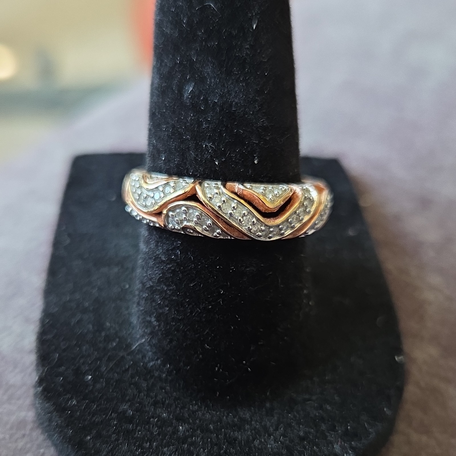 QVC Sterling Silver 925 Two-Tone CZ Wave Swirl Band Ring Size 7 Pre-Owned