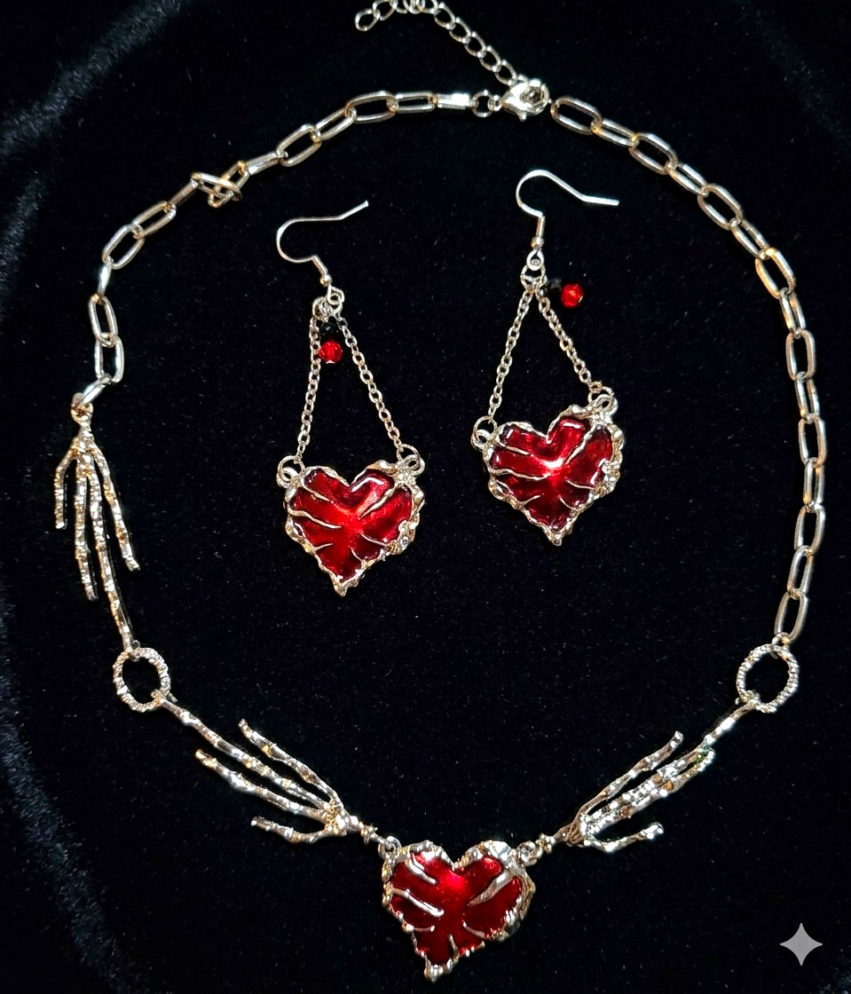 Silver-Tone Red Heart Skeleton Hands Necklace & Dangle Earrings Jewelry Set