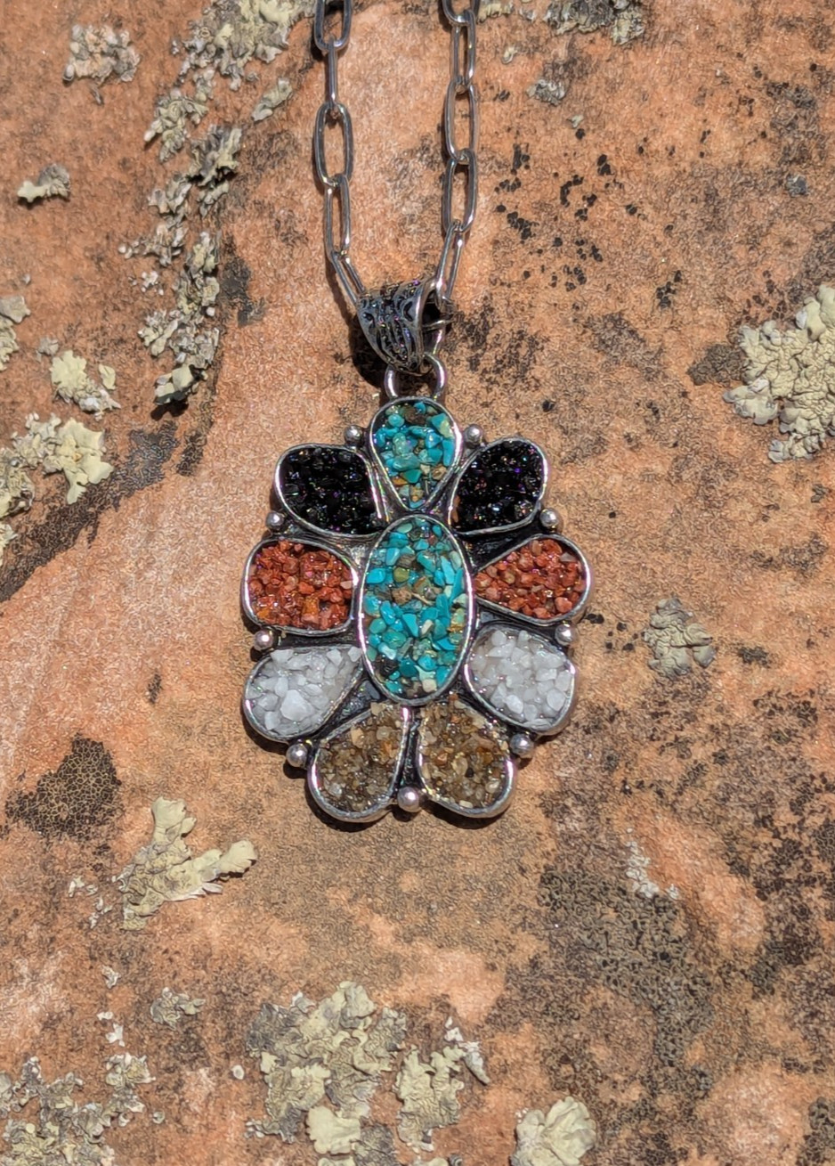 Southwestern Multi Stone Mosaic Sunburst Flower Pendant Necklace Silvertone Boho