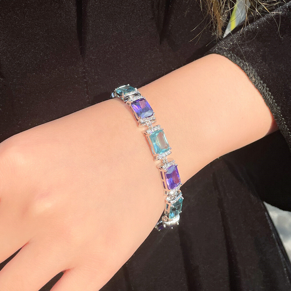 New Mix Color Light Blue Topaz Amethyst Gemstone Silver Women Bracelets 7.4 inch