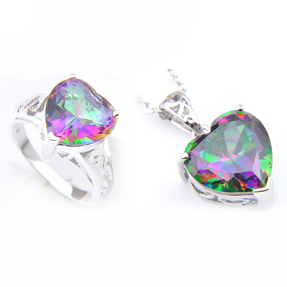 New ! Love Heart Rainbow Mystic Topaz Gemstone Silver Pendant Rings Jewelry Set