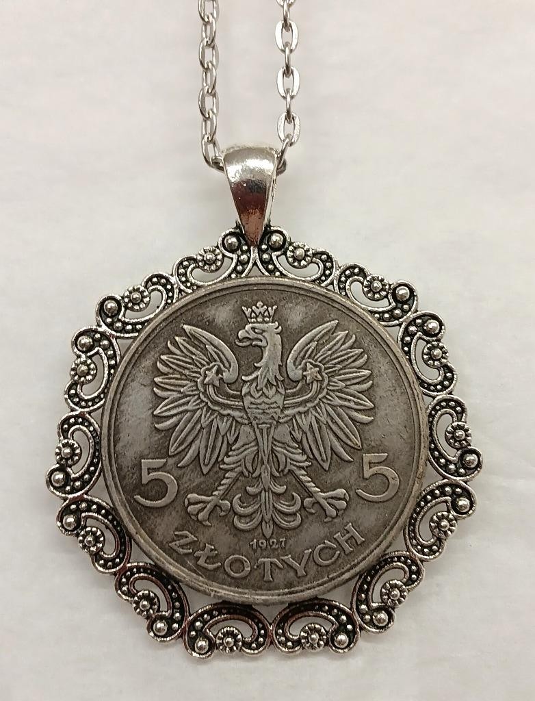 Paisley Swirl Rim Vintage Polish National Rising Eagle Crest Coin Silver Pendant