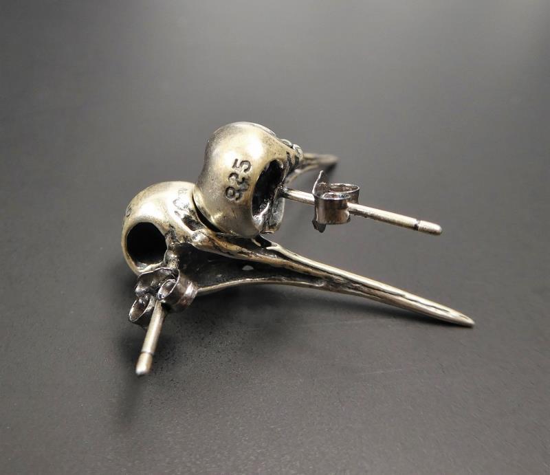 Handmade 925 Sterling Silver Hummingbird Skull Stud Post Earrings Unique Gothic