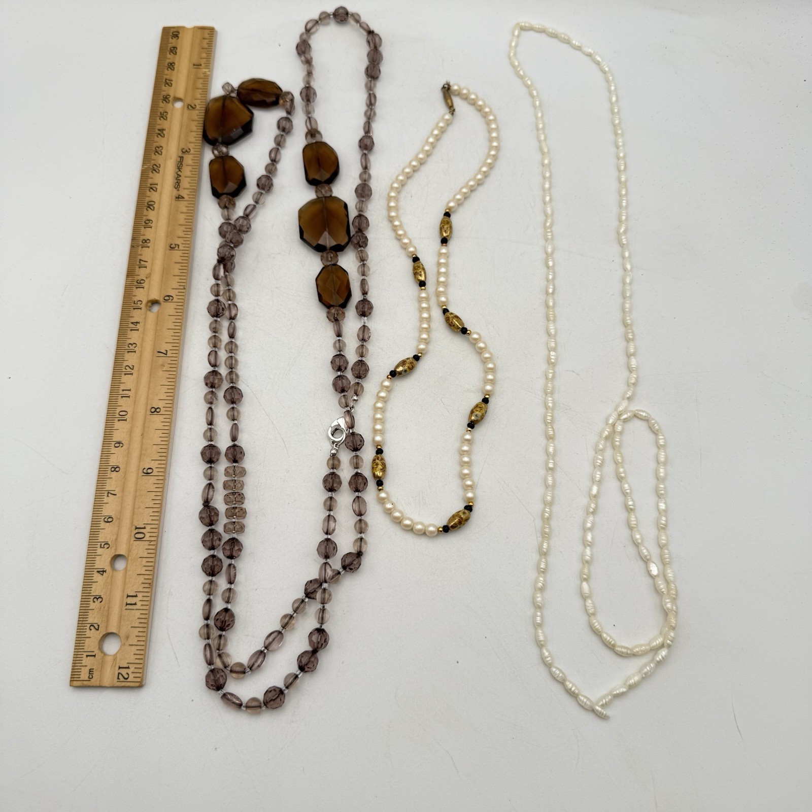 Lot Of 3 Faux Pearl Cloisonné Rice Pearl Smoky Quartz Necklaces Varied Sizes