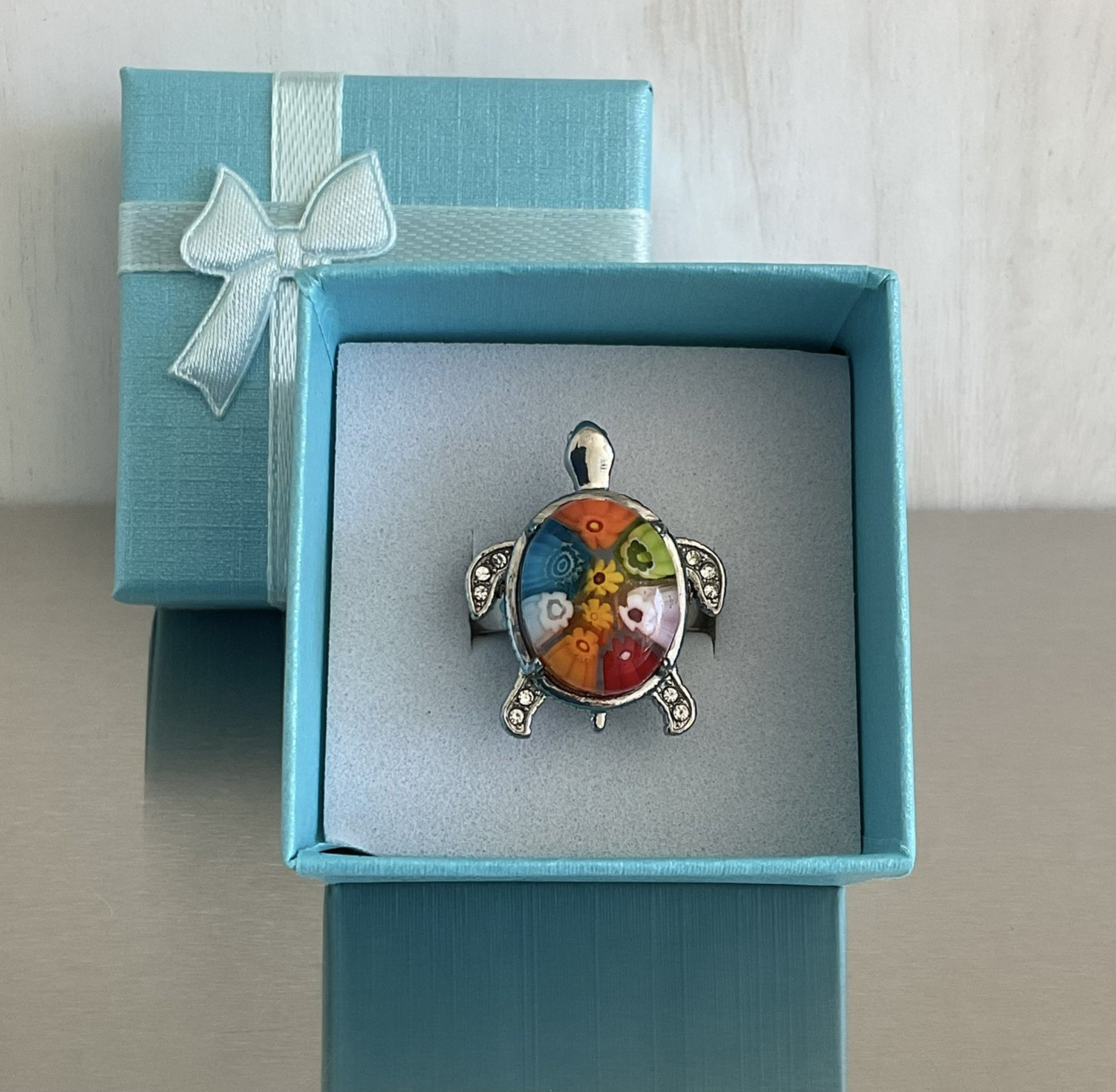 Colorful Murano Millefiori Style Glass Turtle Ring Stainless Steel Size 6