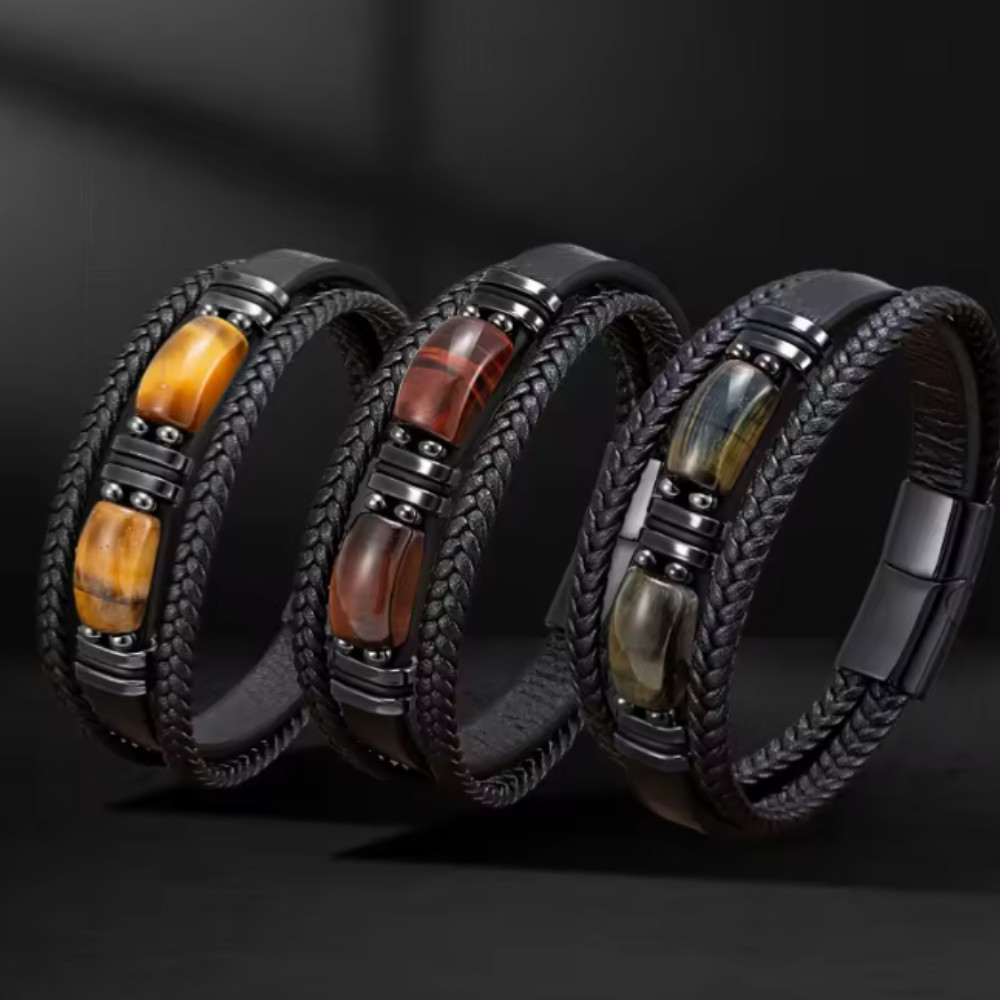 Natural Stone Leather Bracelet Blue Tiger Eye Magnetic Unisex Handmade 21cm