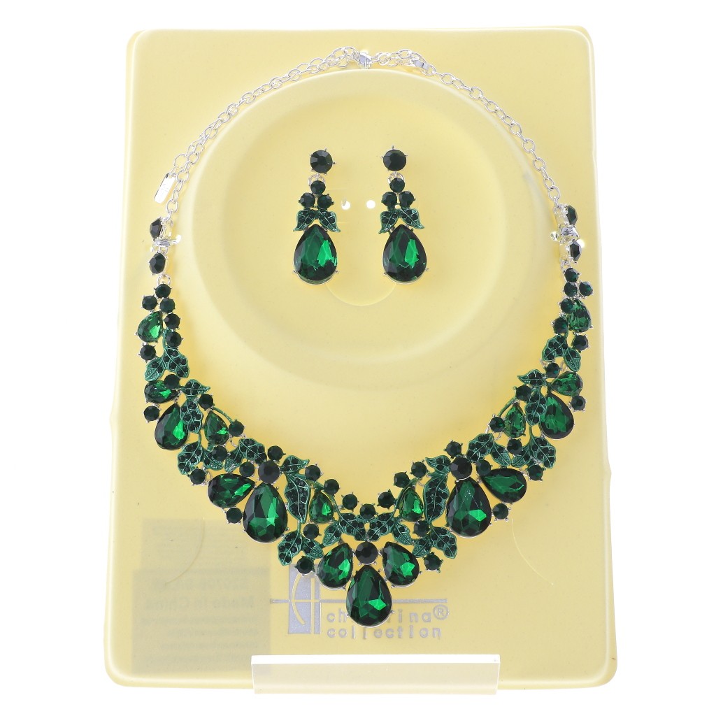 Silver Tone Alloy Metal Rhinestone Necklace Earring Set S20709-SEME