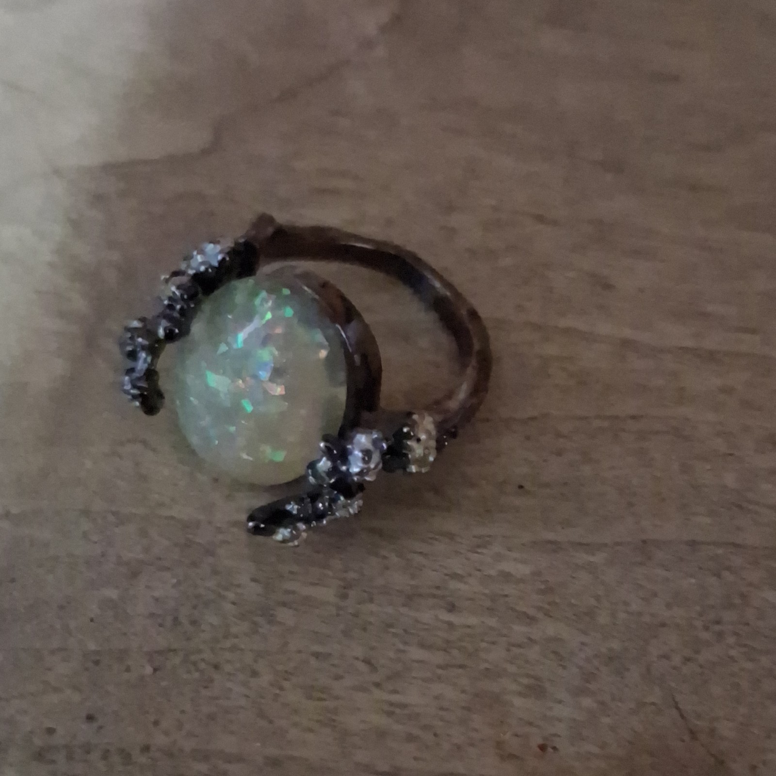 Cocktail Ring Size 7 Oval White/Multicolor Opal w/ Crystal Accents Silver