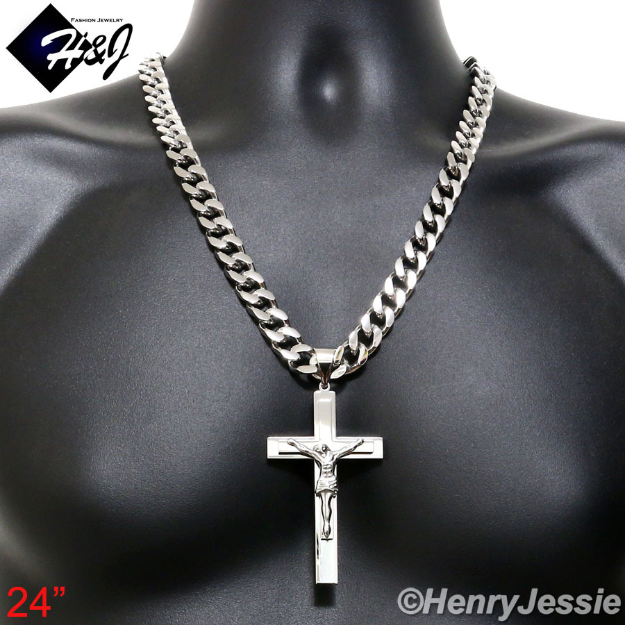 18-40″MEN Stainless Steel WIDE 11mm Silver Cuban Curb Necklace Cross Pendant*J1