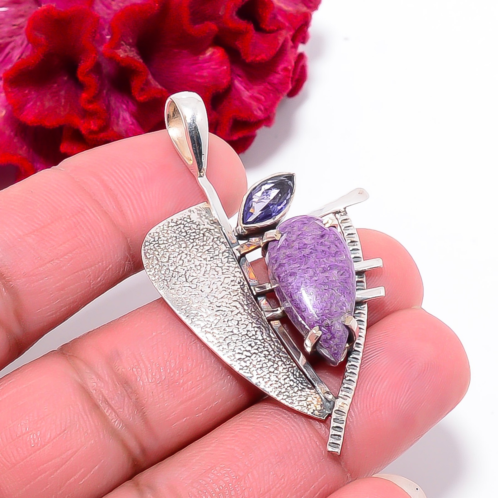 Stichtite – Island Of Tasmania & Iolite 925 Sterling Silver Pendant 2.03″ P10284