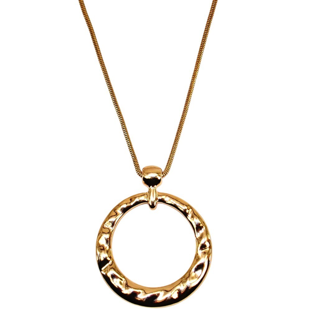 Large round gold metal pendant necklace, hammered finish, solid 2.15″ diameter