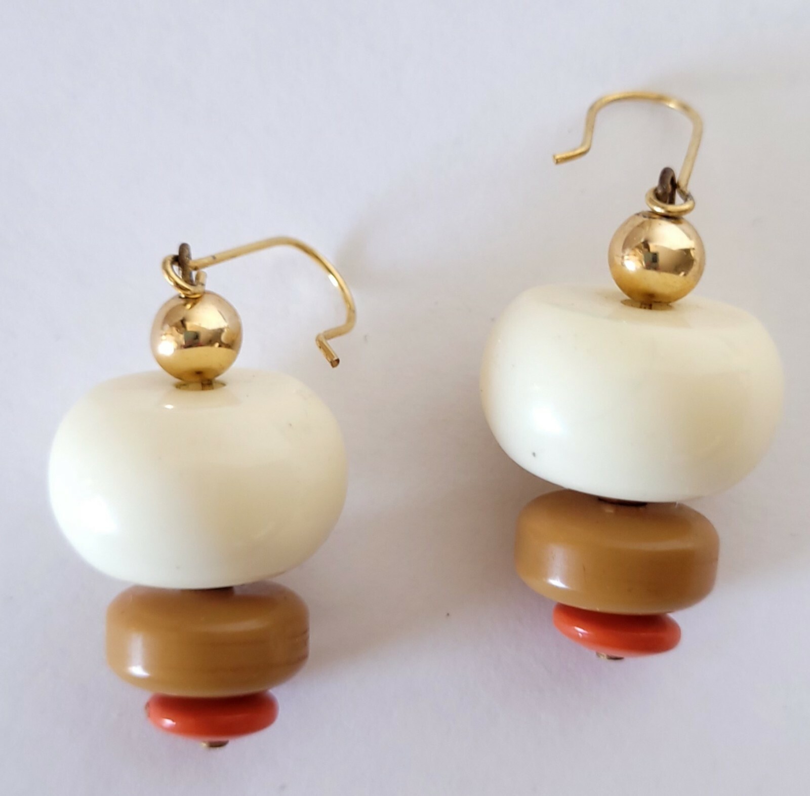 Vintage Gold Tone Neutral Colors Round Acrylic Bead Layered Dangle Earrings Hook