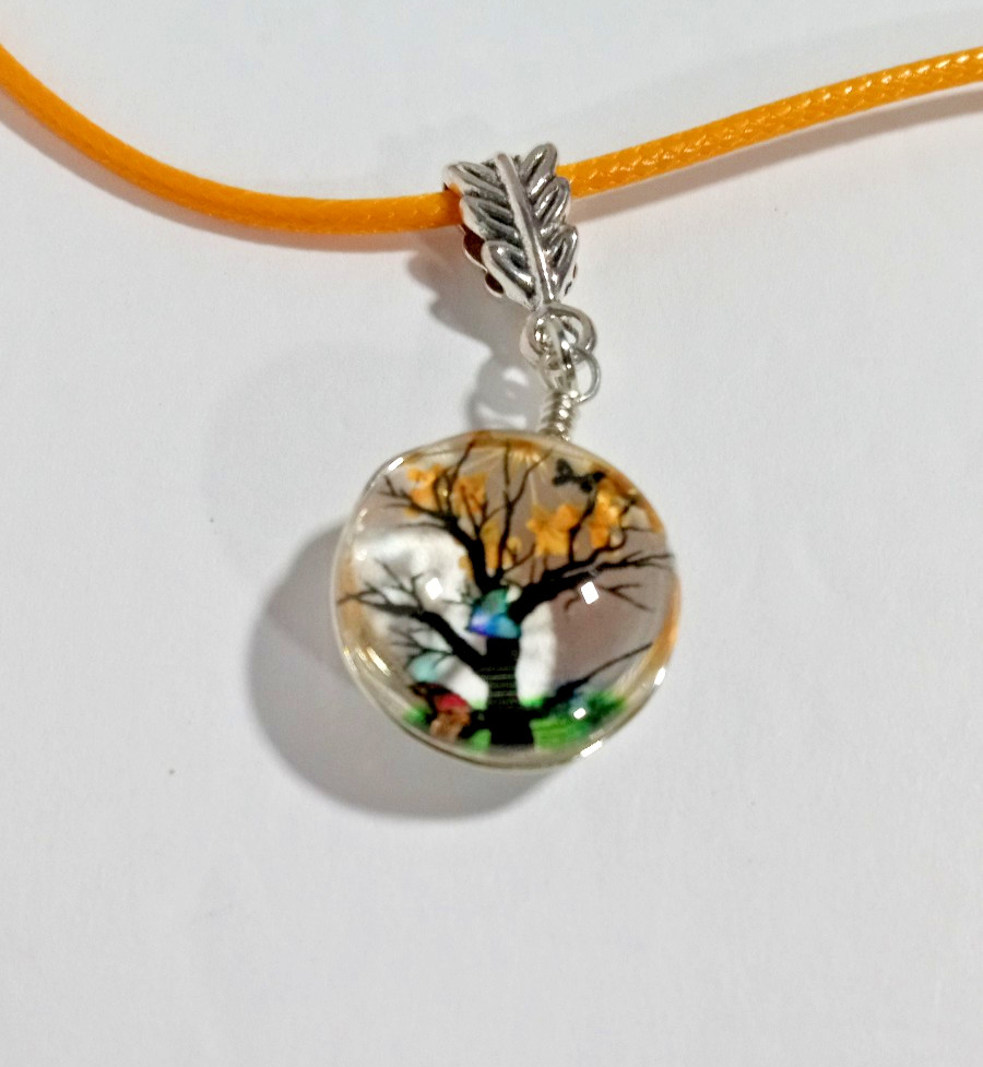 Pressed Flower Tree Charm Pendant Necklace Yellow/Orange Butterfly NEW!