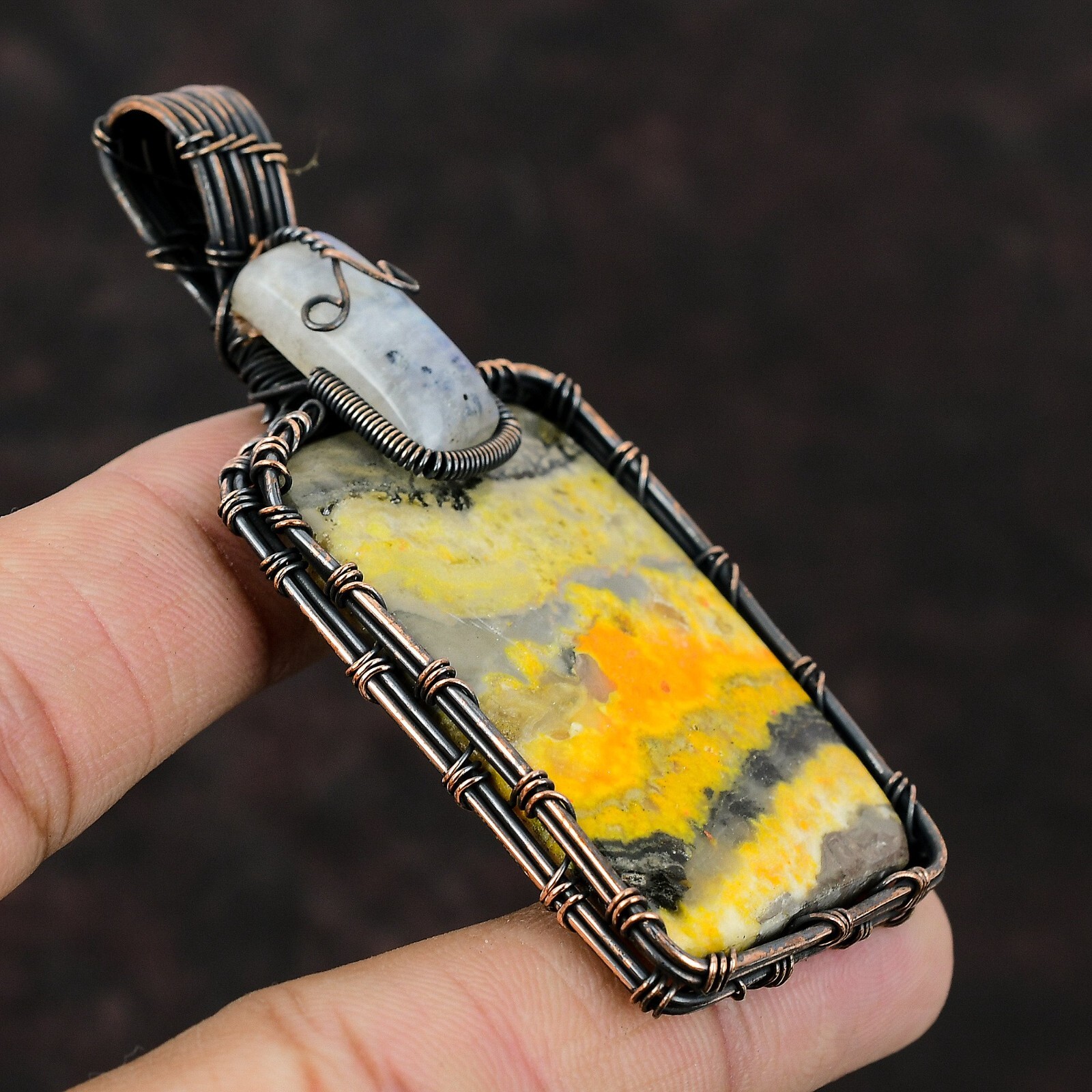 Bumble Bee Jasper Wire Wrapped Pendant Handcrafted Copper Valentine Gift 3.15″