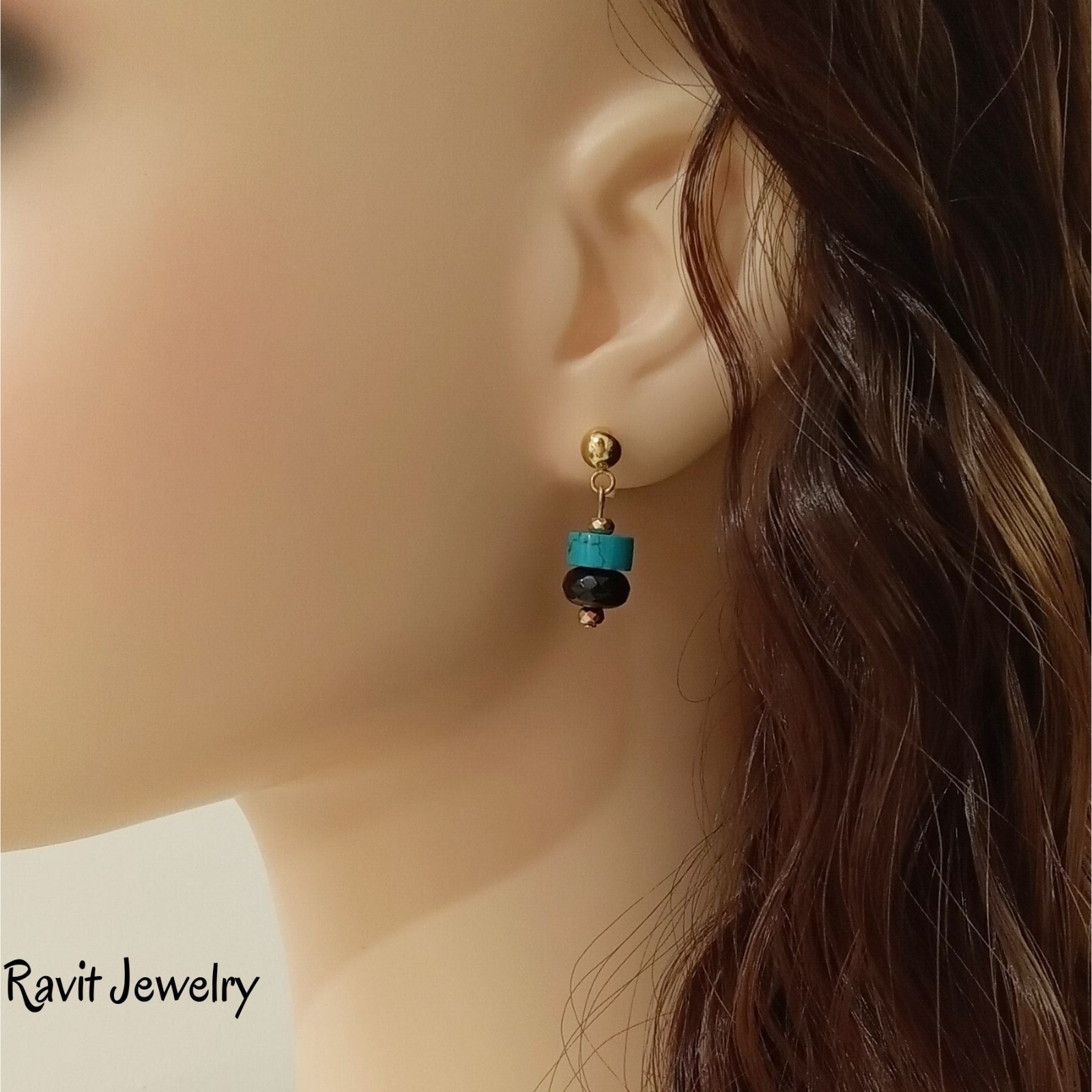 Turquoise And Black Agate Stone Gold Plated Stud Dangle Earrings Stainless Steel