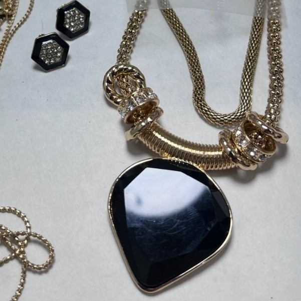 Gold Tone Black Statement Necklace Body Chain & Earrings Jewelry Lot Set 4pc