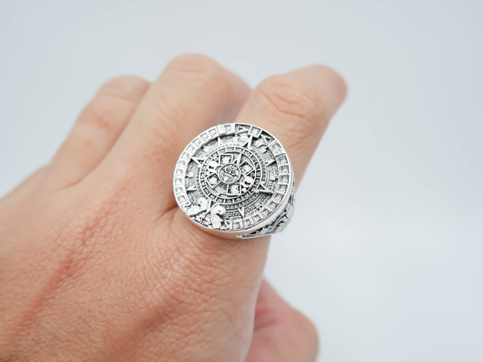 Men’s Tribal Aztec Mayan Calendar Ring, Mayan Rings 925 Sterling Silver