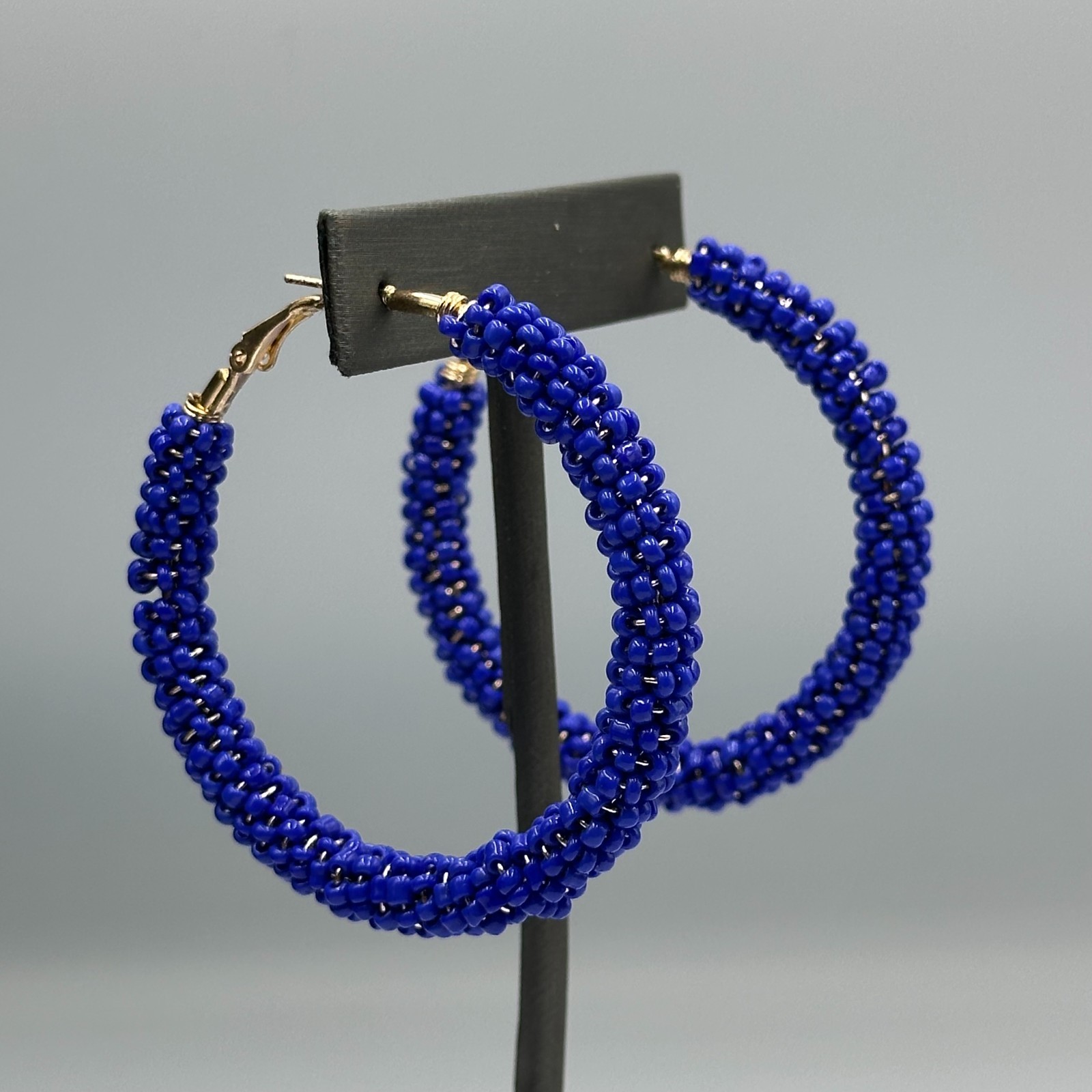 Blue Beaded Hoop Earrings Gold Tone Seed Beads Wire Wrapped Chunky Statement