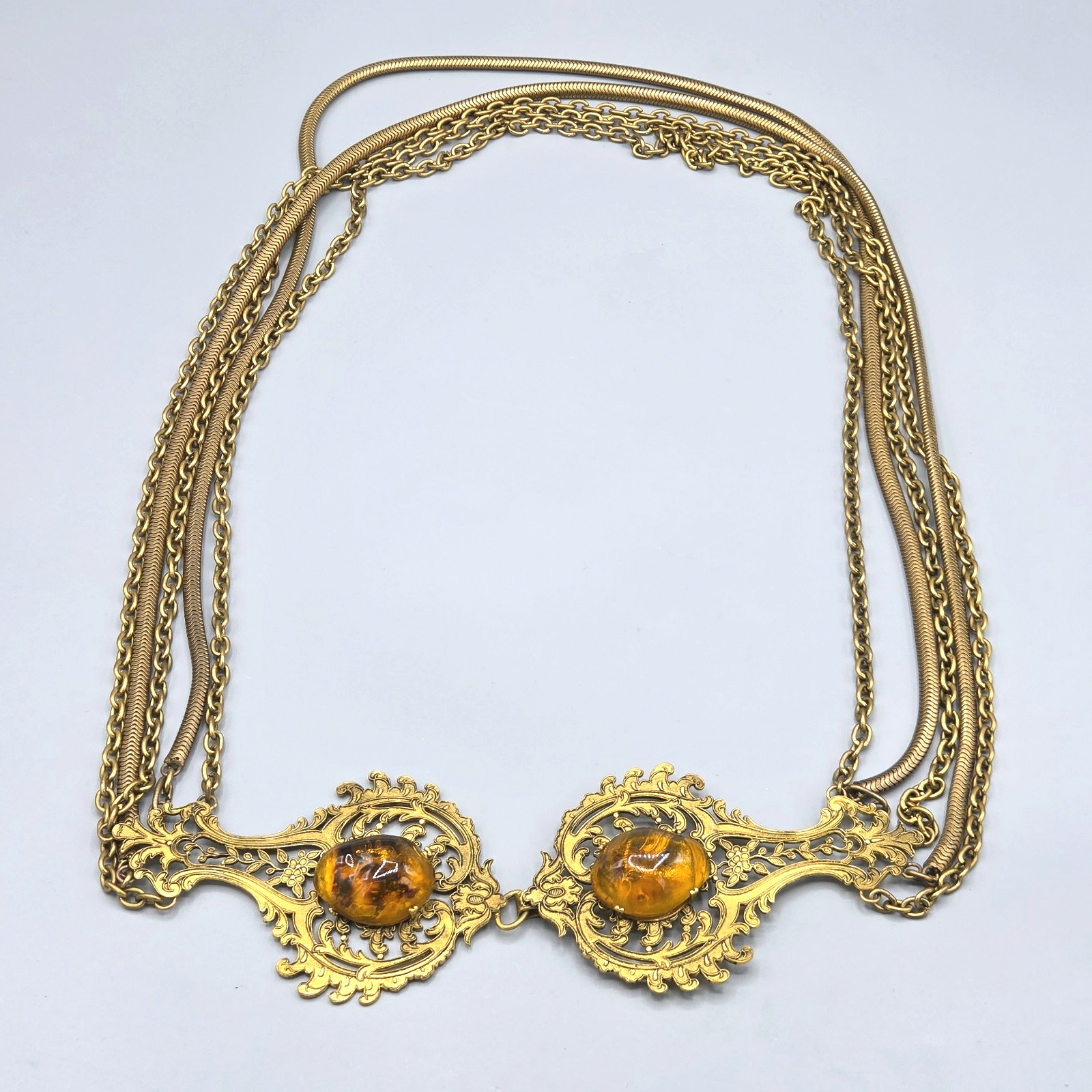 Woloch Paris Signed Couture Gilt Amber Gripoix Glass Chain Belt Necklace 32″