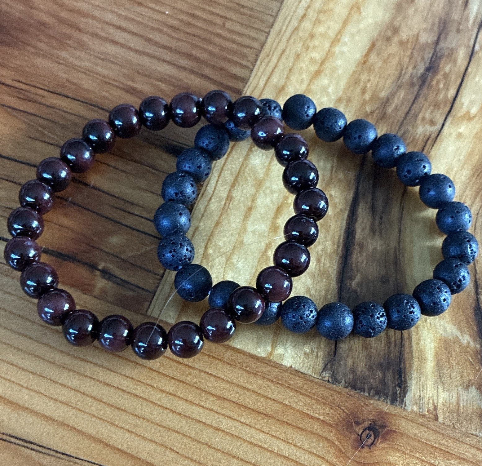 Set of 2 Stackable Beaded Stretch Bracelets Lava Rock Black Brown Round Beads