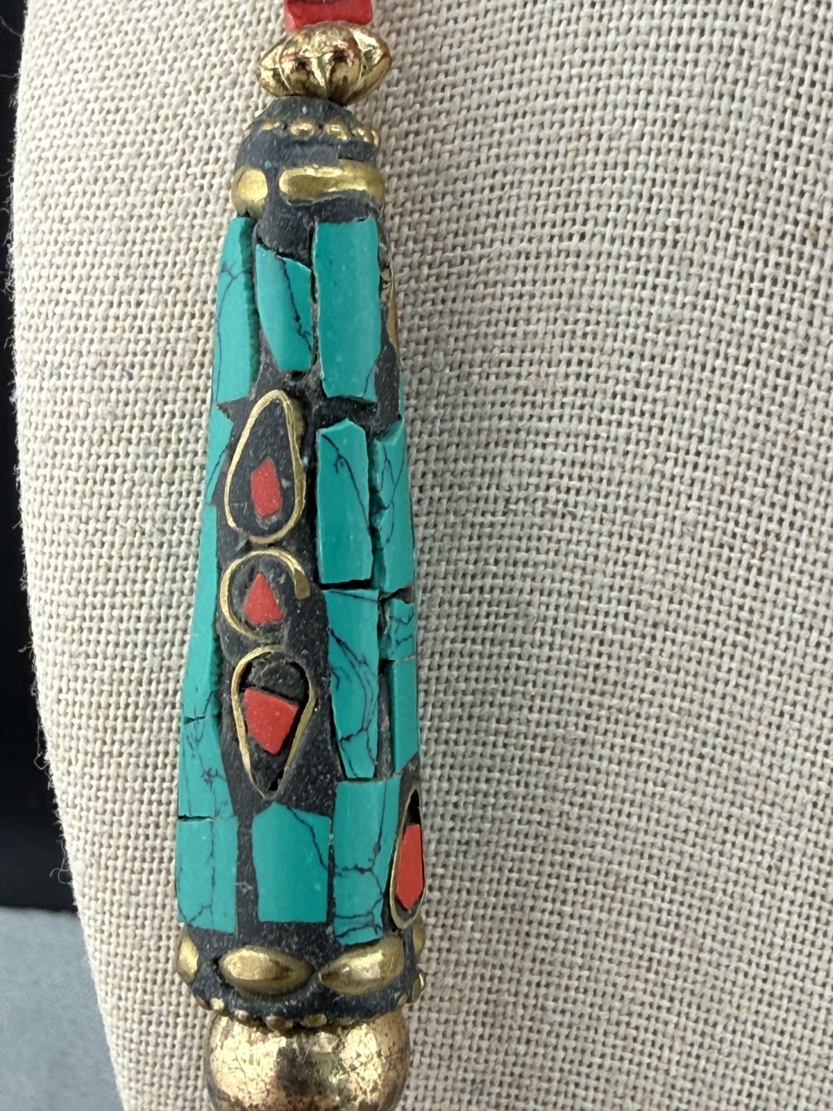 Bohemian Retro Layered Necklace Tibetan Style Red Blue Beads Gold Tone 26″