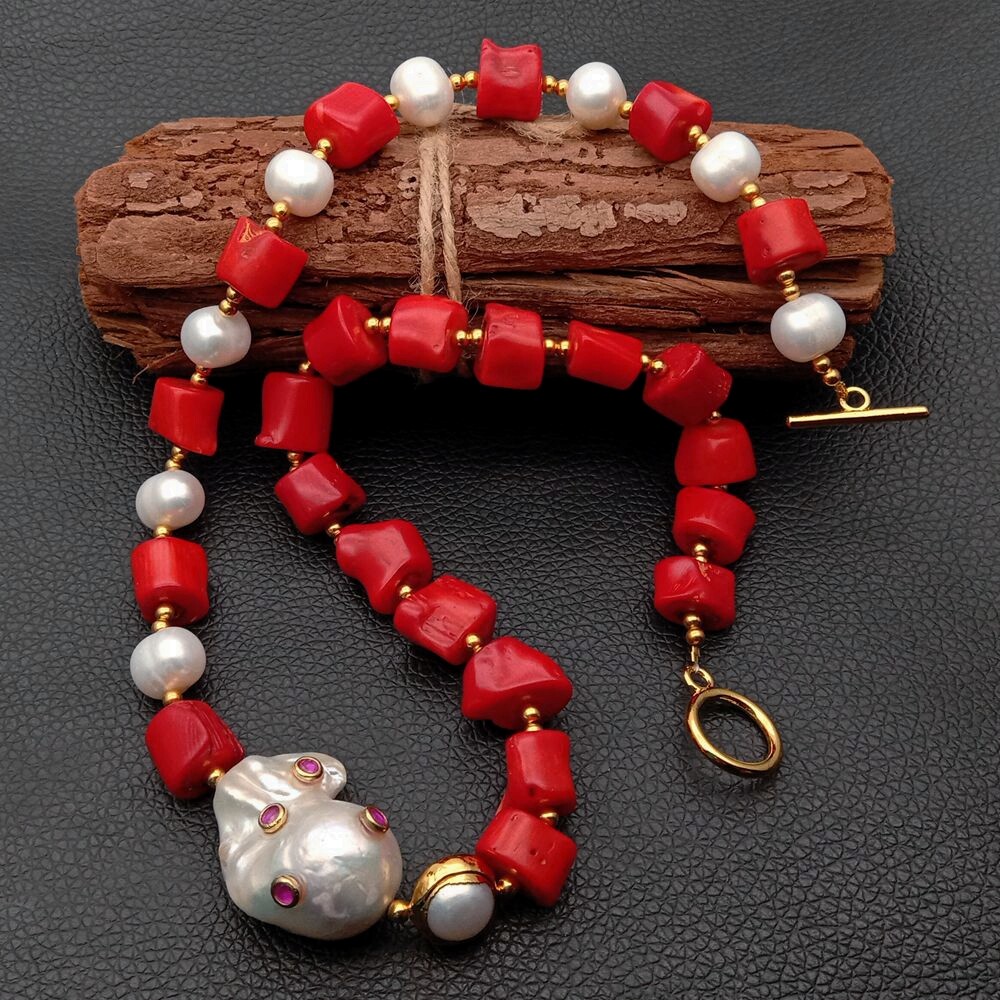 21″ Red Coral White Pearl Necklace White Keshi Pearl Cz pave Pendant