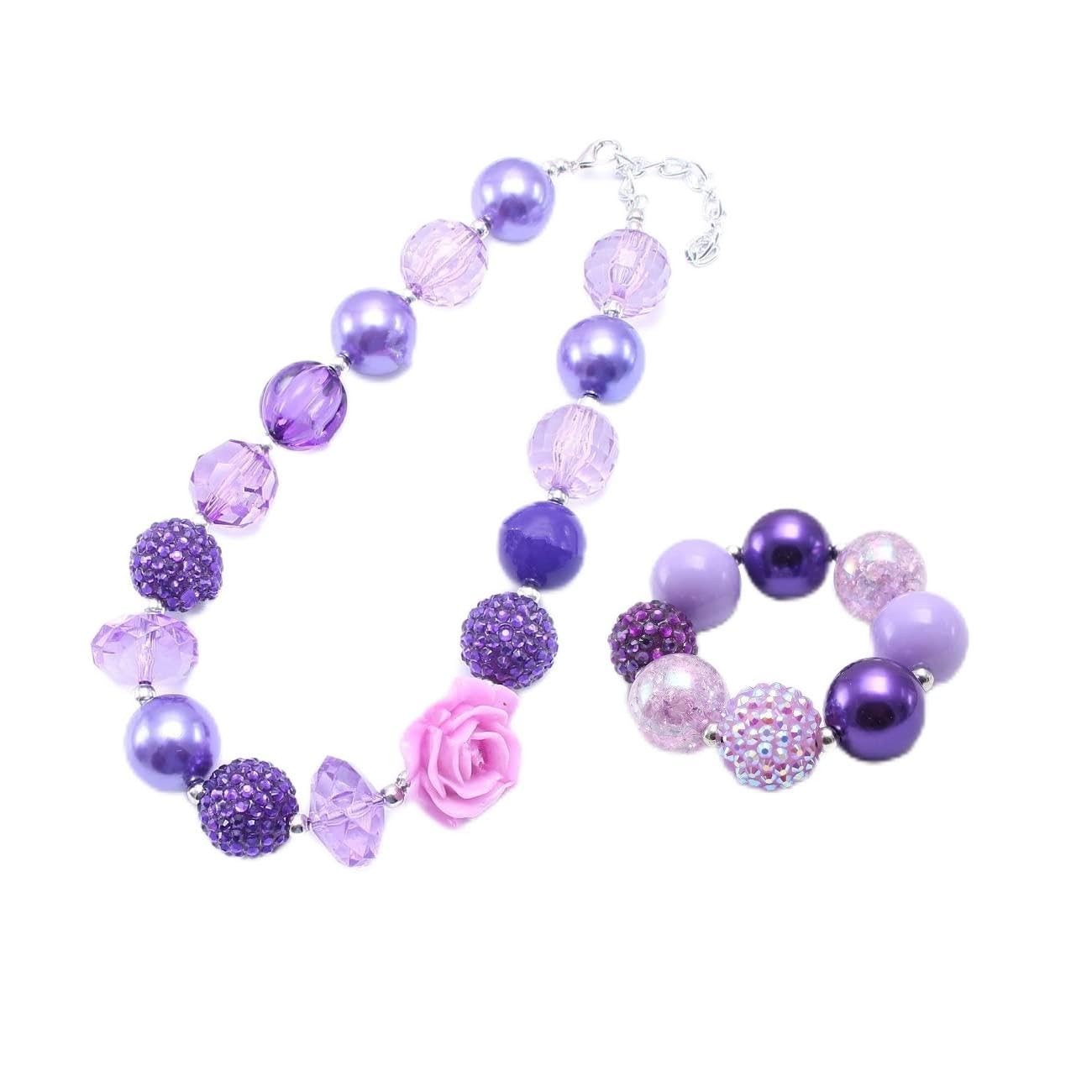 Chunky Bubblegum Candy Bead Necklace & Bracelet Set – Flower Bow Charm Jewelry