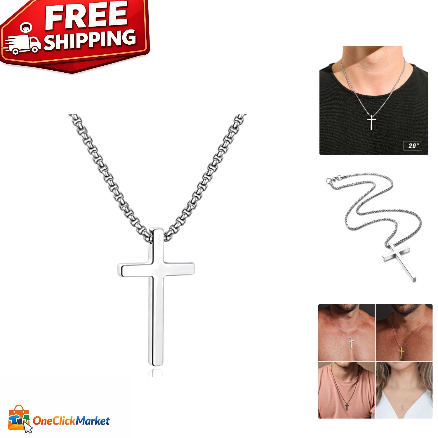 Stylish Cross Pendant Necklace for Men – Hypoallergenic Steel – 16 to 30 Inch