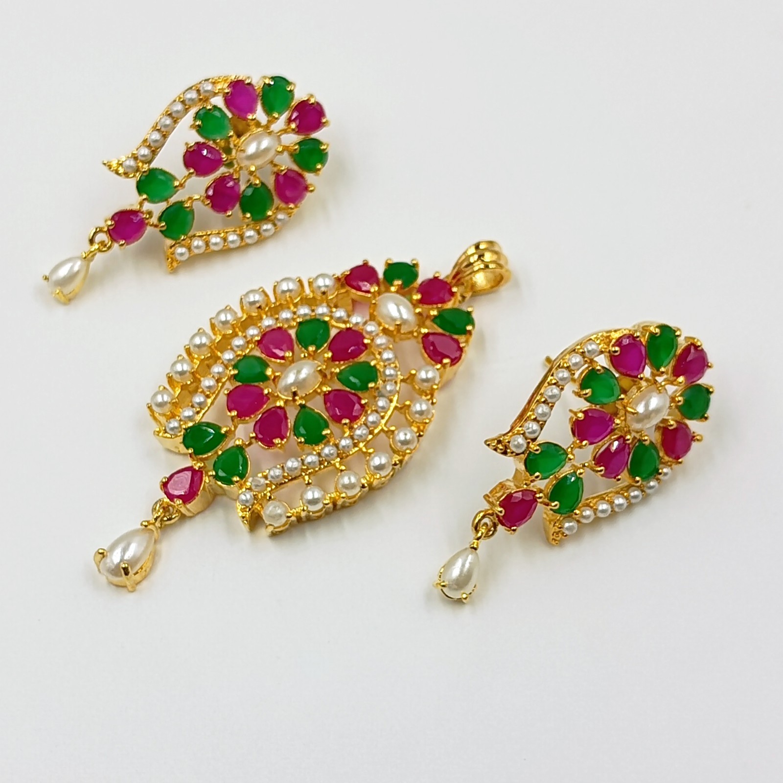South Indian Ruby Emerald Pearl Pendant Set 22k Gold Plated Bridal Set